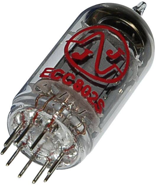 Elektronková trioda ECC802S s osmi vývody, průhledným pouzdrem a červeným logem. Ideální pro audio zesilovače.