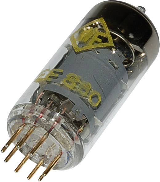 Elektronková válcová trubice s několika kolíky a průhledným pouzdrem, na němž jsou viditelné symboly a čísla.