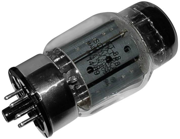 Elektronková lampa s kovovým patrem a skleněným pouzdrem. Má několik připojovacích kolíků na spodní straně.