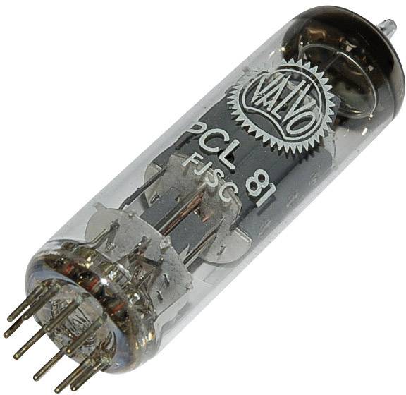 Elektronka značky Valvo, model PCL 81, s několika kovovými kolíky a průhledným skleněným pouzdrem.