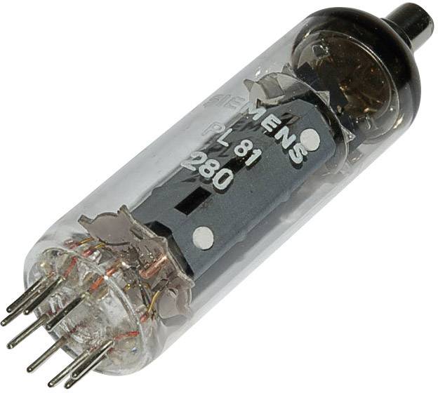 Elektronková válcová skleněná trubice označená 'SIEMENS PL81 280', zobrazující skleněný válec s kovovými a drátěnými komponenty uvnitř.