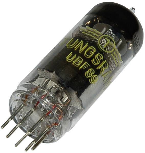 Elektronková lampa s nápisem 'UBF89'. Válcovité skleněné pouzdro s několika připojovacími vývody na spodním konci.