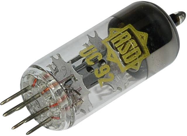 Elektronka UC92 s několika kontakty, průhledným pouzdrem a viditelnou vnitřní strukturou.