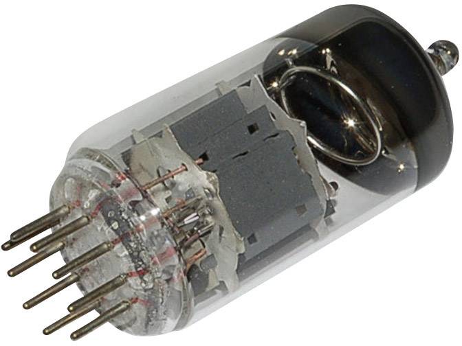 Elektronková lampa s několika vývody a skleněným pouzdrem, často používaná ve starších elektronických zařízeních nebo zesilovačích.