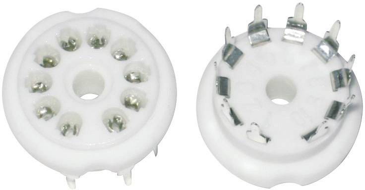 Dva bílé, kulaté objímky s několika kovovými kontakty. Jsou určeny pro připojení elektronových lamp.