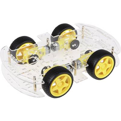 Čtyři žluté kolo na průhledném podvozku malého robotického auta, vhodného pro technické projekty nebo školní projekty.