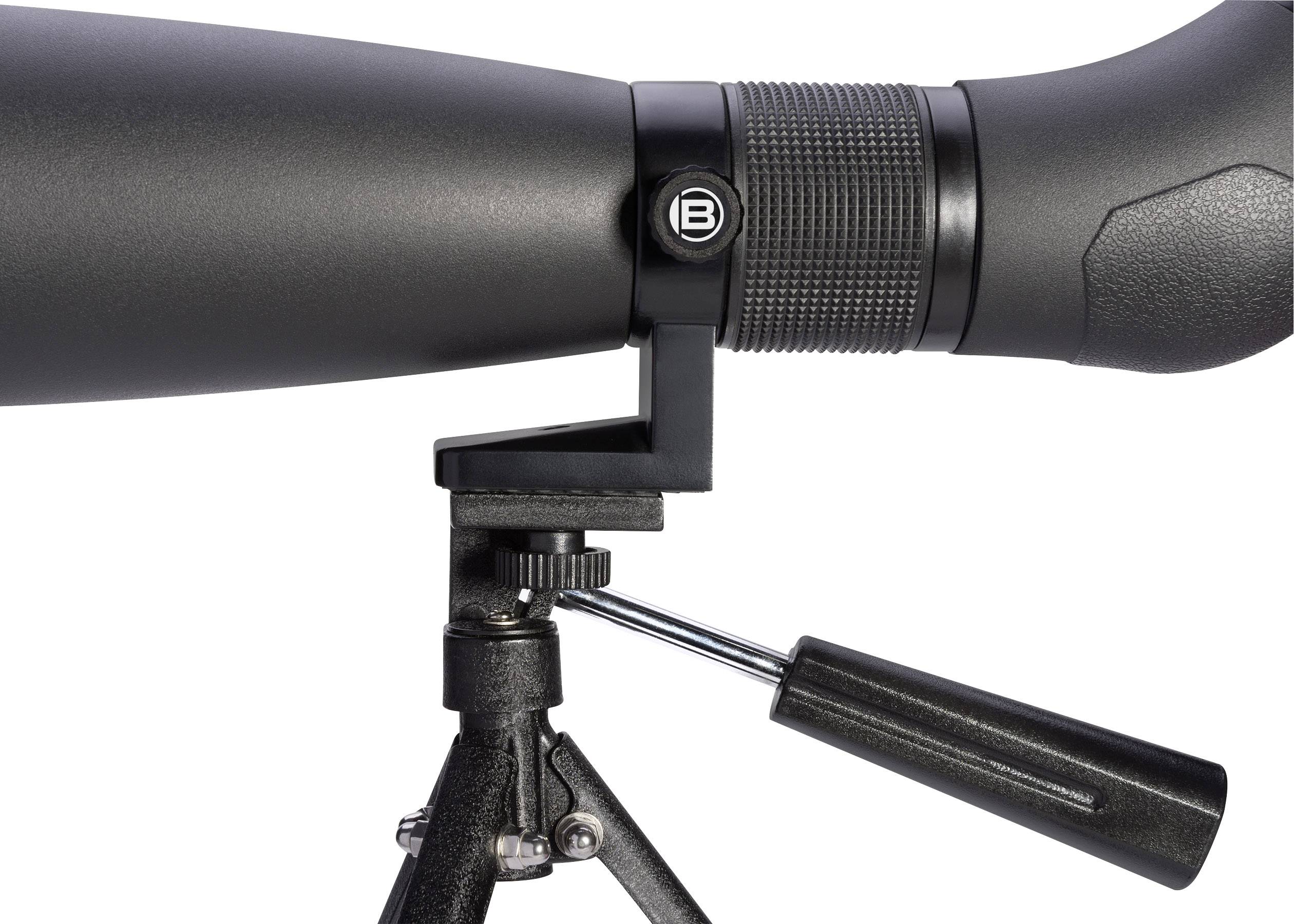 Teleskop na stativu s rukojetí pro jemné nastavení. Hlavní část a okulár z bočního pohledu.