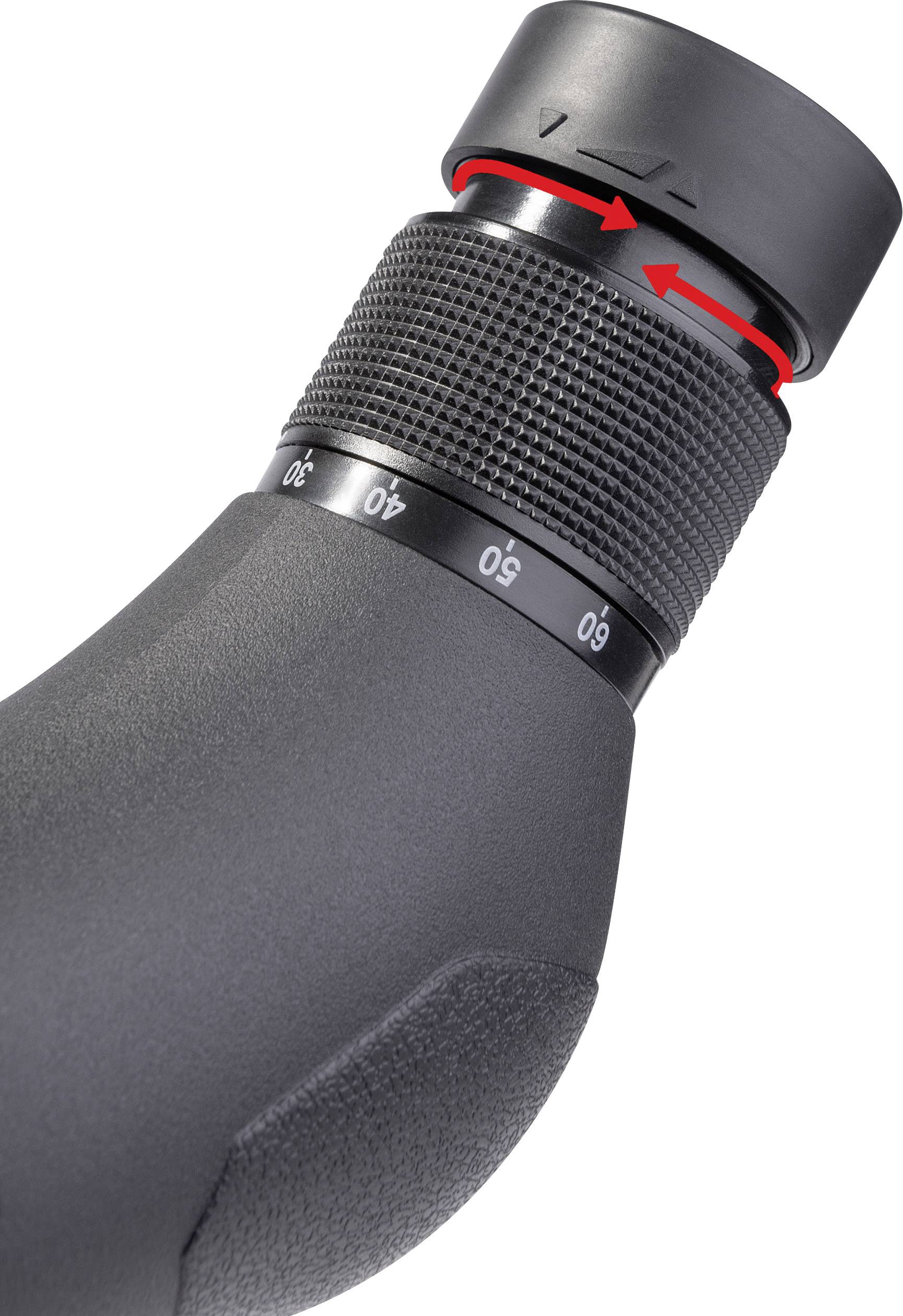 Detailní záběr okuláru dalekohledu s červenými šipkami ukazujícími směr nastavení kroužku.