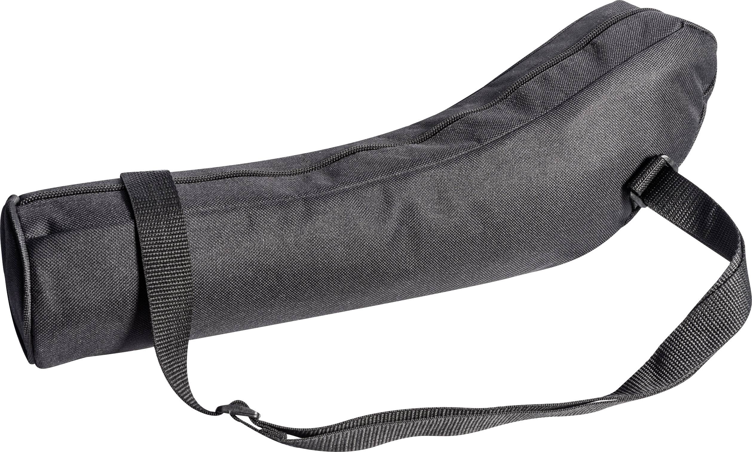 Černá nákupní taška s dlouhým, zahnutým designem a ramenním popruhem, pravděpodobně vhodná pro přepravu dalekohledu.