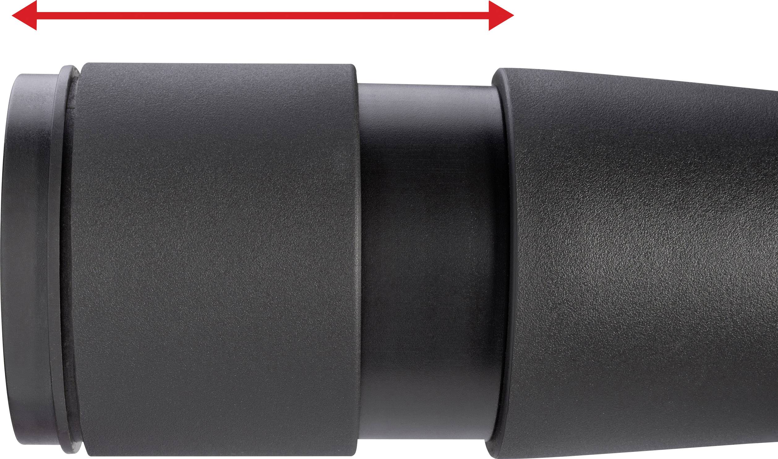 Teleskopický výsuv se prodlužuje doleva, jak naznačuje červený dvojitý šipka ukazující směr prodloužení.