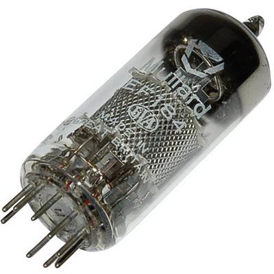 Elektronická vakuová trubice s několika připojovacími vývody a kovovými mřížkami uvnitř, vhodná pro elektronická zařízení.
