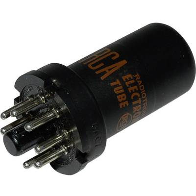 Černá elektronková RCA trubice se sedmi kovovými kolíky. Text 'RCA Radiotron Electron Tube' v oranžové barvě.