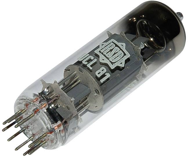Skleněná elektronková lampa s označením 'UCL 81', která má několik kovových vývodů na jednom konci.