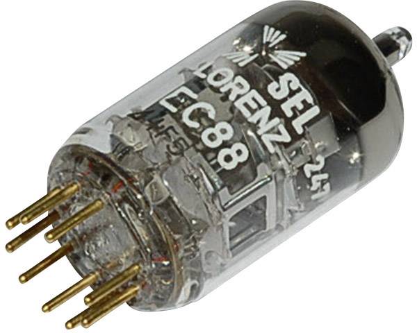 Elektronka Lorenz E88CC s kovovými vývody, skleněným tělem a viditelným označením 'SEL' a 'Lorenze'.