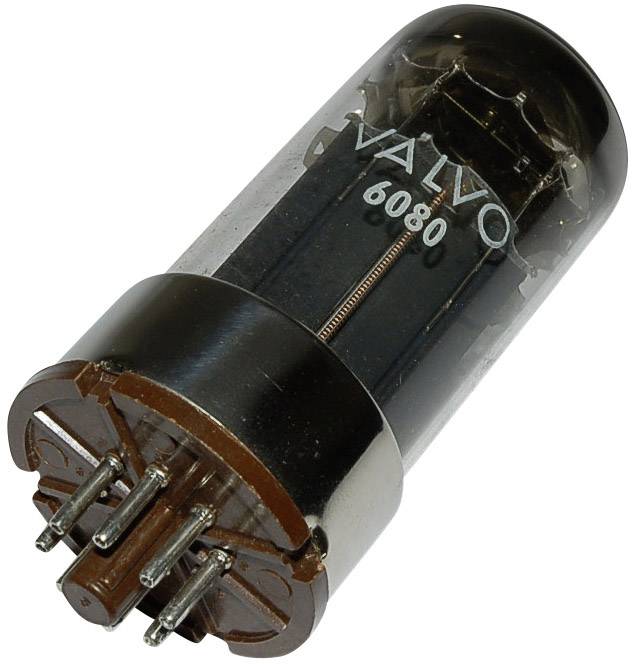 Elektronka značky Valvo, model 6080, s několika kovovými kolíky na spodní straně, používaná ve starých audiovzesilovačích.