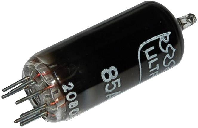 Elektronková lampa s několika vývody a potisky na skleněné baňce, používaná jako elektronický konstrukční prvek pro zesilovače nebo rádia.