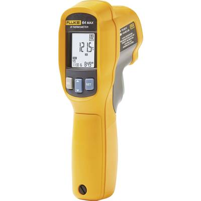 Žluté infračervené teploměr s digitálním displejem zobrazuje '12,15°C'. Na zařízení je viditelný název značky a modelové číslo 'Fluke 64 Max'.