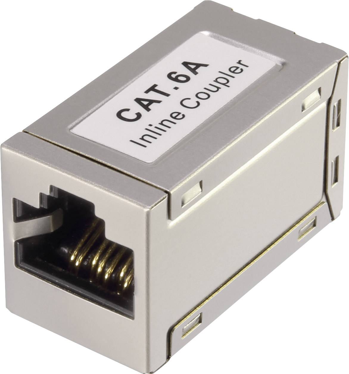 Spojovač CAT 6A inline, kovový kryt, propojuje dva ethernetové kabely pro rozšíření dosahu sítě.