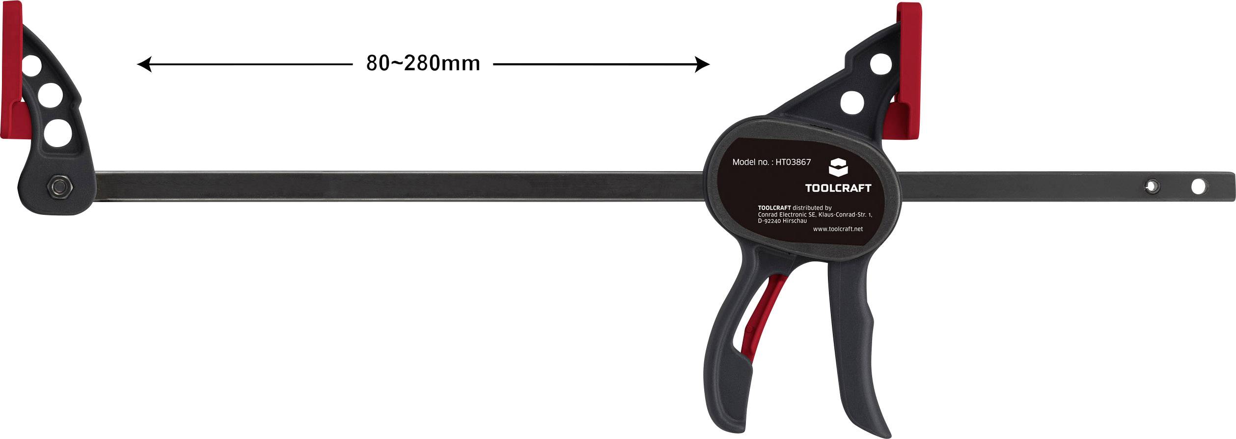 Držák nástrojů od firmy Toolcraft, černý materiál rukojeti, s rozpětím 80 až 280 mm, vhodný pro upevňování obrobků.