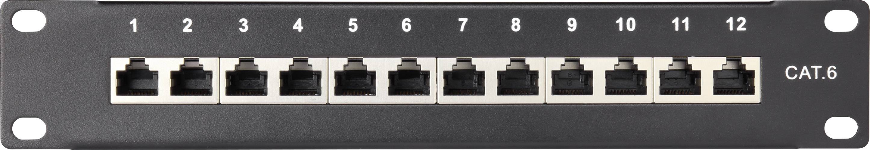 Patch panel se 12 ethernetovými porty, číslovanými od 1 do 12, pro kabely CAT6.