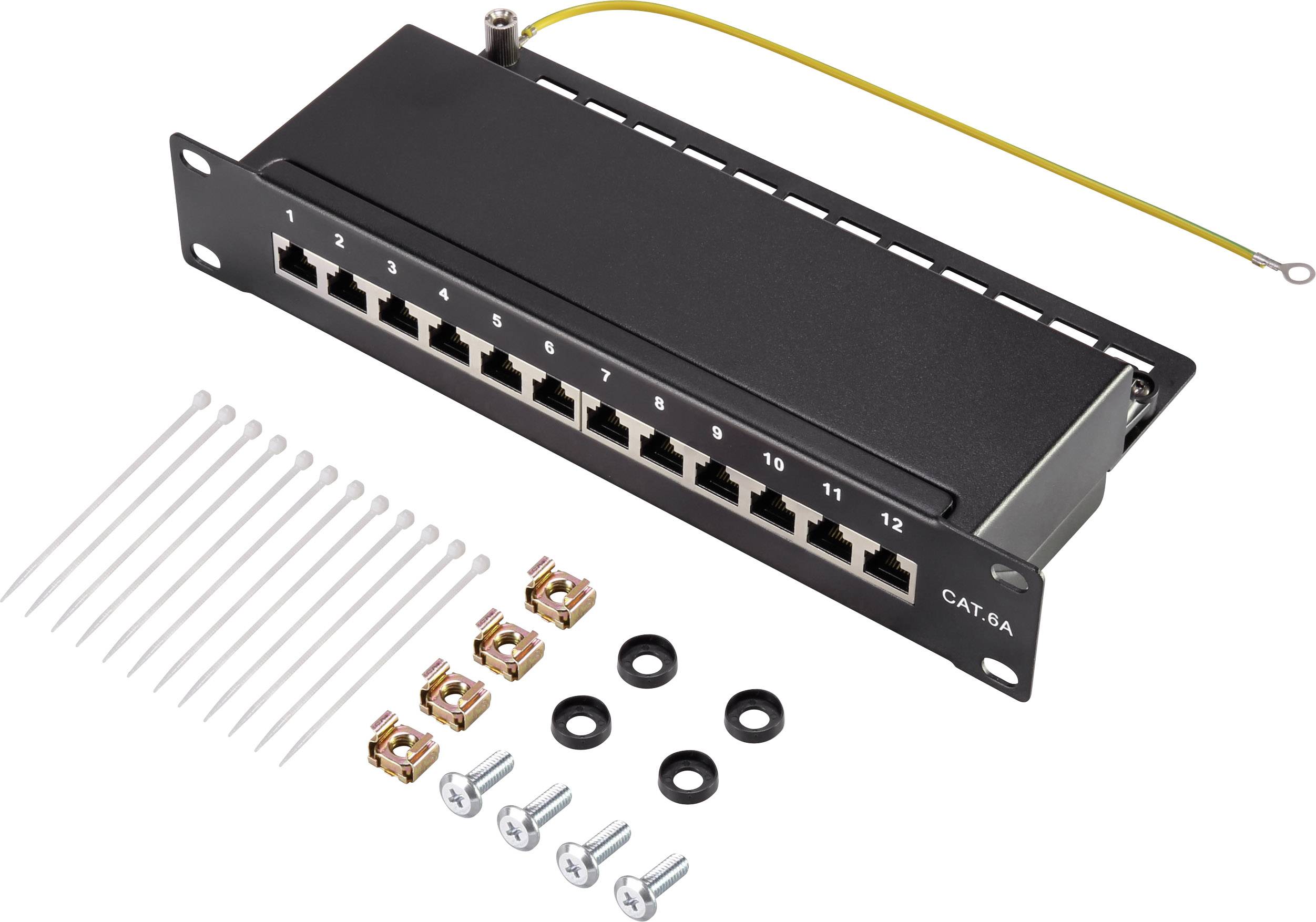 Patch panel se 12 ethernetovými porty, montážním příslušenstvím a uzemňovacím kabelem. Vhodný pro síťové zapojení v IT infrastrukturách.