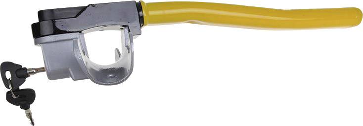 Kovový zámek volantu se žlutou rukojetí, včetně dvou klíčů. Bezpečnostní zařízení proti krádeži automobilu.