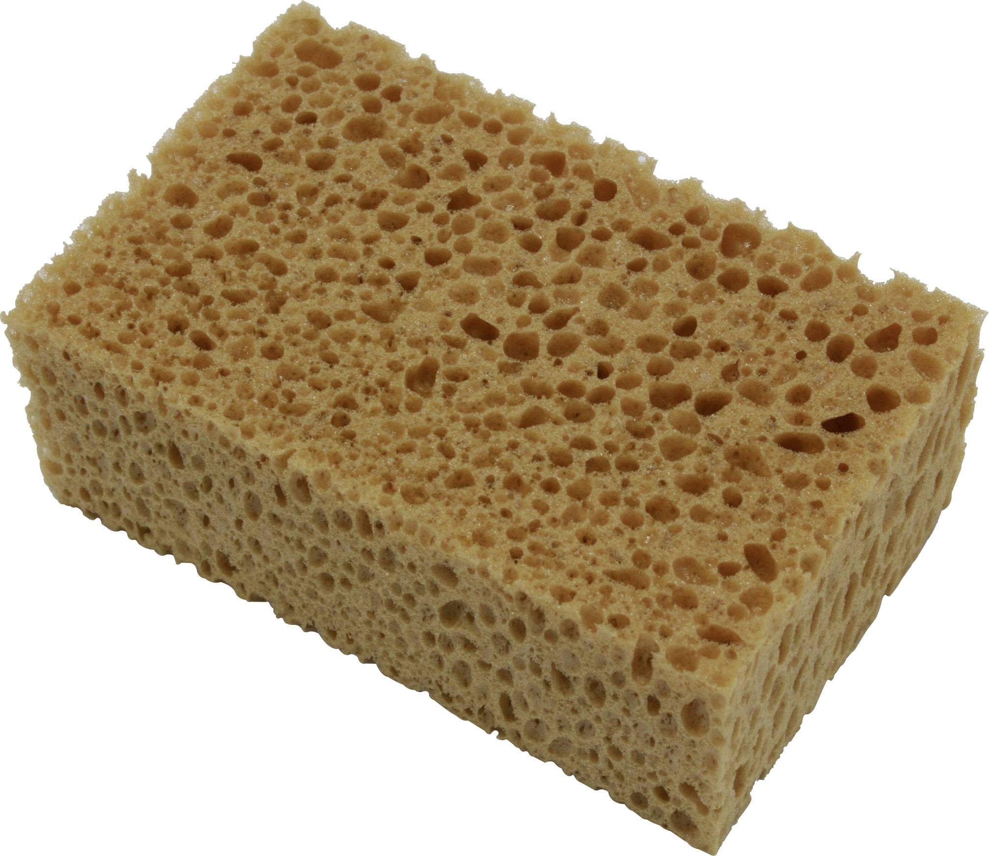 Hnědá houbička na nádobí s hrubě pórovitou strukturou, obdélníkového tvaru.