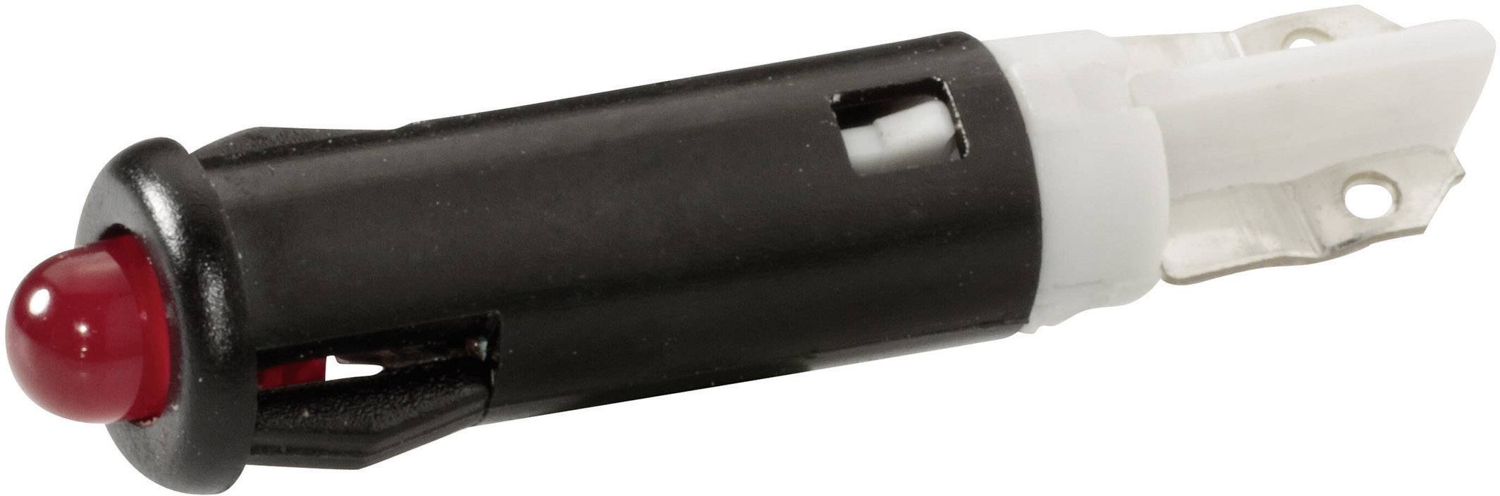 Černá elektrická součástka s červenou LED diodou a bílými plastovými komponenty, pravděpodobně elektrický spínač nebo senzor.