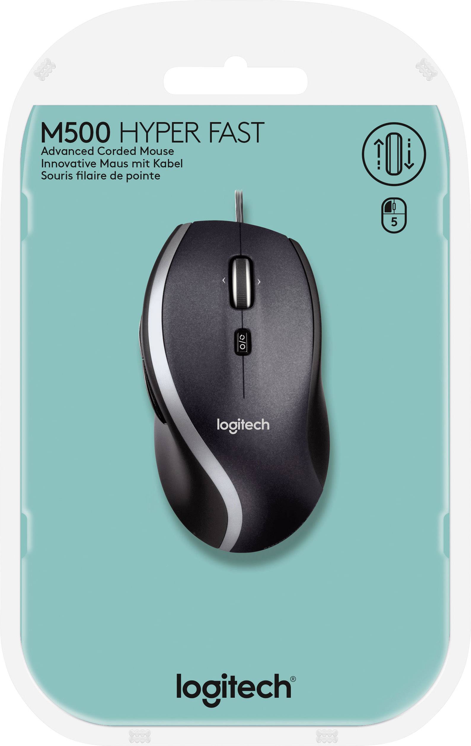 Logitechova kabelová myš M500 v obalu. Popis zdůrazňuje 'Hyper Fast' rolování a je dostupná s pěti tlačítky.