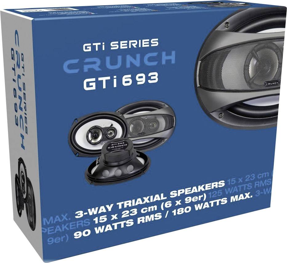 Reproduktorová sada GTi Serie Crunch GTi693. Zobrazuje 3-cestný koaxiální reproduktor o rozměrech 15 x 23 cm, 90 W RMS, maximálně 180 W.