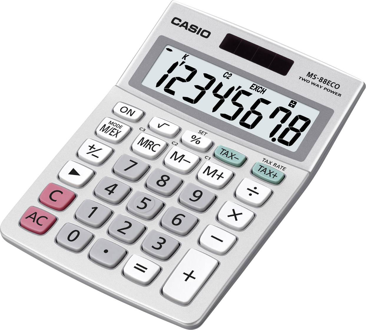 Elektronický kalkulátor s velkými tlačítky a displejem zobrazujícím čísla od 1 do 8. Model 'Casio MS-88ECO'.
