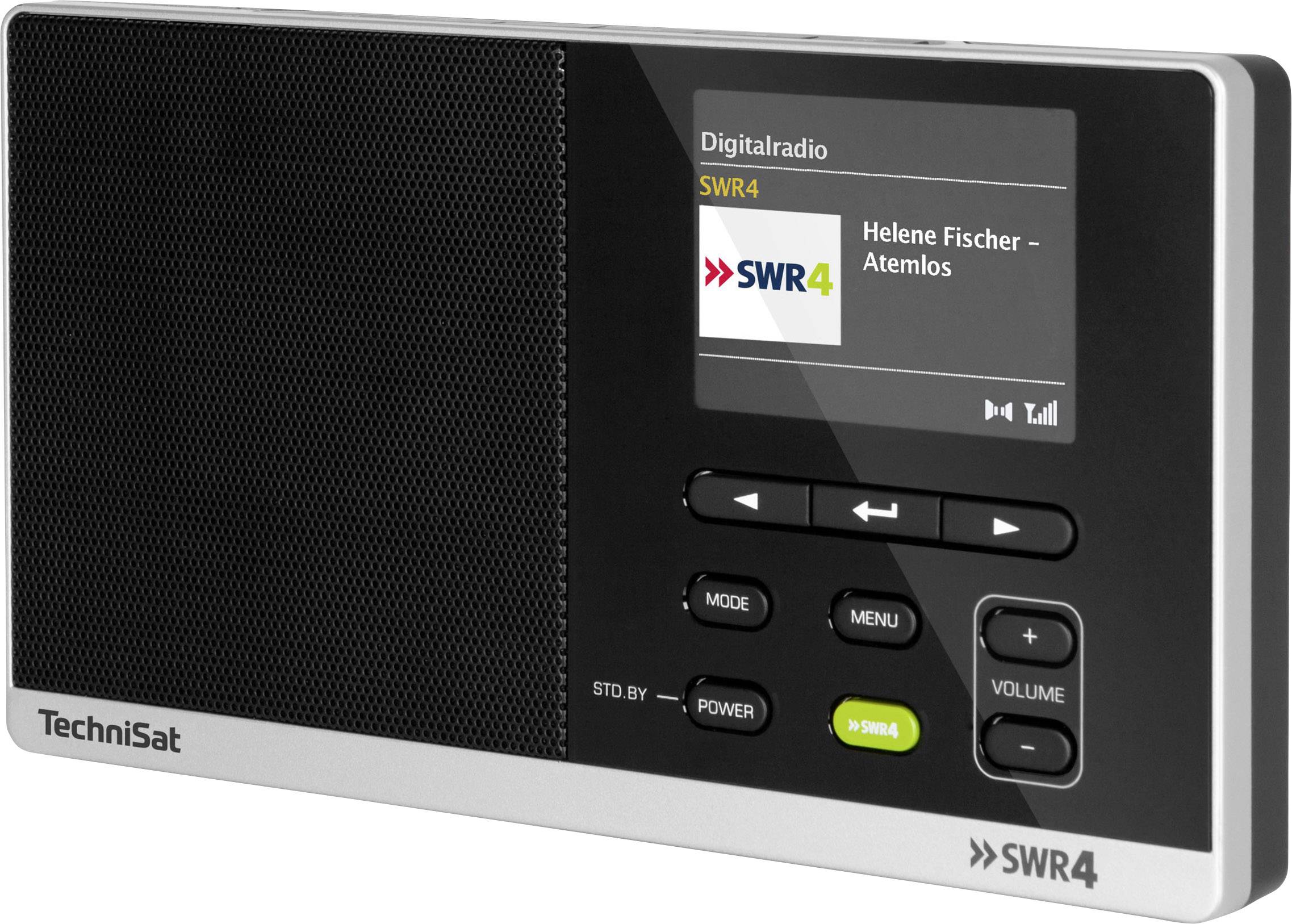 Digitální rádio značky TechniSat zobrazuje na displeji stanici 'SWR4' a píseň 'Atemlos' od Helene Fischerové.