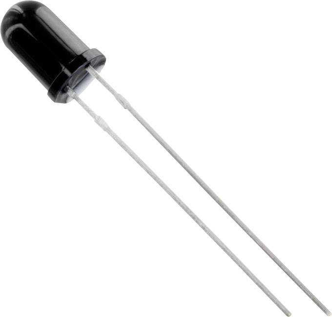 Černá LED dioda se dvěma kovovými připojeními na bílém pozadí.