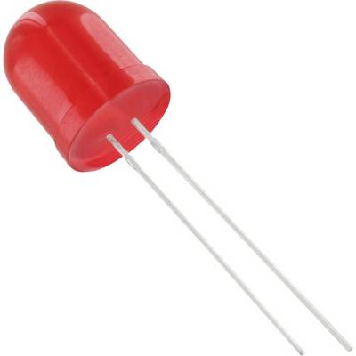 Červená LED se dvěma stříbrnými kontakty na bílém pozadí, zobrazující přední stranu svítivé diody.