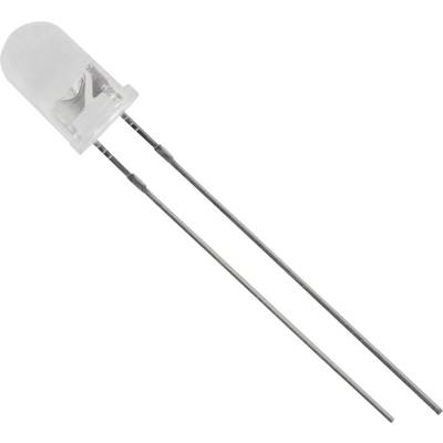 Průhledná LED dioda se dvěma dlouhými kovovými vývody, které slouží k napájení.