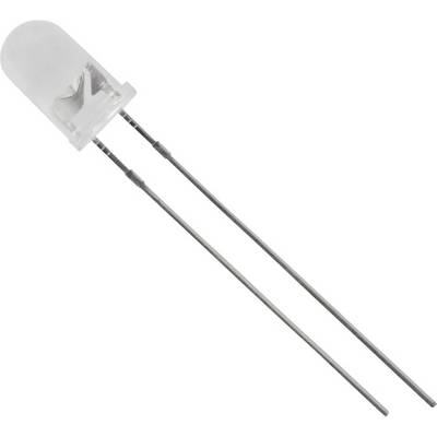Jedna LED dioda v průhledném pouzdře se dvěma dlouhými kovovými vývody se často používá v elektronických zařízeních.
