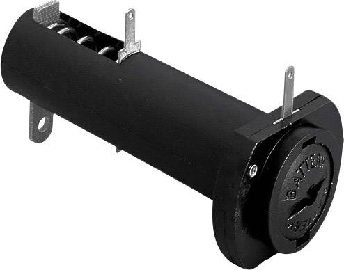 Černý plastový držák baterie se třemi kovovými kontakty a pružinou uvnitř, označený slovem 'BATTERY'.