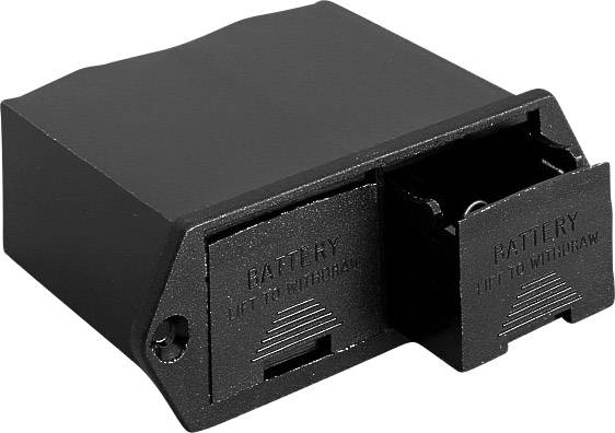 Černý prostor pro baterii s výklopným víkem a nápisem 'BATTERY LIFT TO WITHDRAW'.