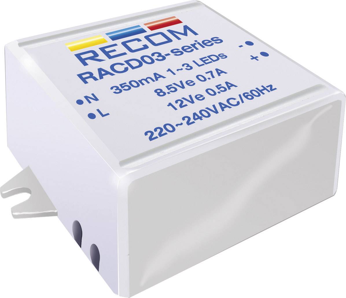 Kompaktní LED driver značky Recom, model RACD03. Výstupní výkon: 350mA, 1-3 LED. Vstup: 220-240V AC, 60Hz.