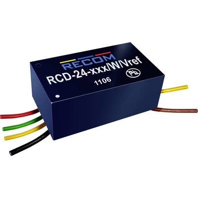 Obdélníkový černý elektronický modul s postranními kabely v různých barvách. Označený štítkem 'RECOM RCD-24-xxx/WVref'.