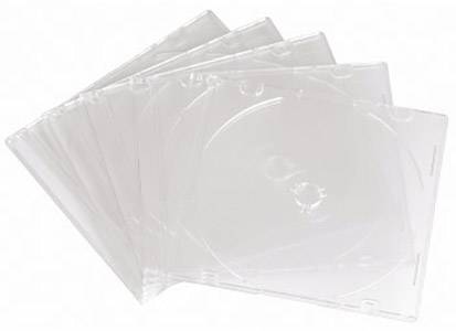 Pět prázdných, průhledných obalů na CD je lehce rozevřeno. Jsou vyrobeny z plastu a umožňují vložení kompaktních disků.