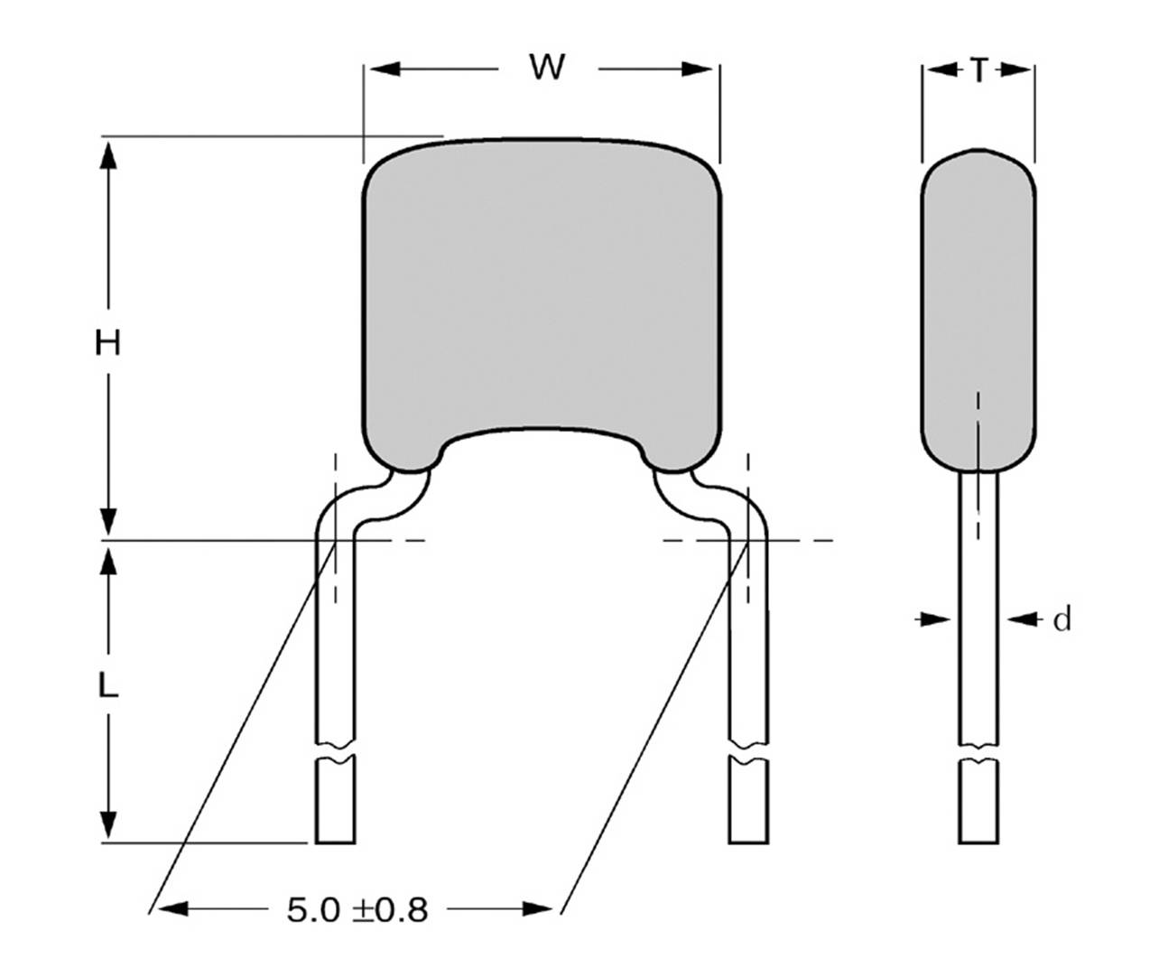 Diagram elektronické součástky ukazuje rozměry: šířka (W), výška (H), délka (L), tloušťka (T), průměr (d). Detailní rozměry a tvar vývodů jsou znázorněny.
