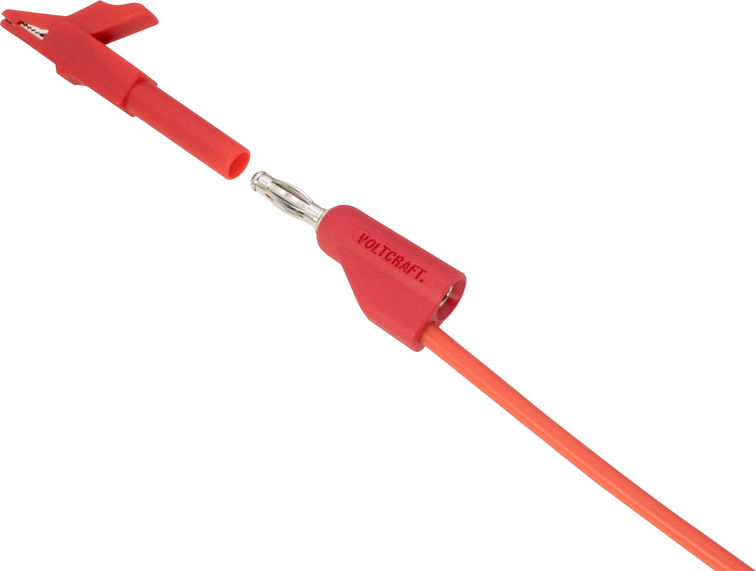 Červený měřicí kabel od Voltcraftu s banánkovými konektory a krokosvorkou, vhodný pro elektrická měření.