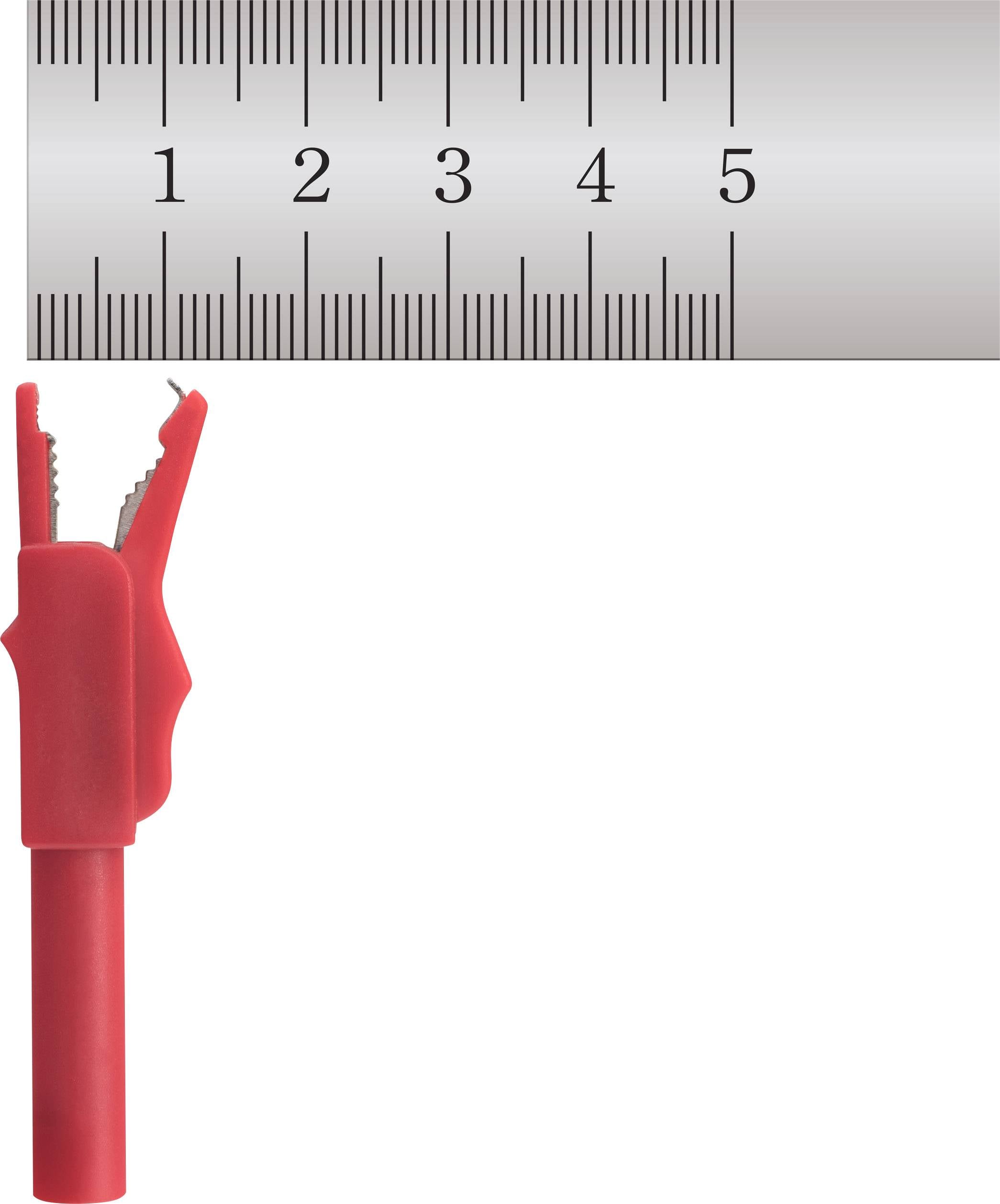 Červený krokosvorka umístěná před pravítkem ukazuje velikost přibližně 3,7 cm.