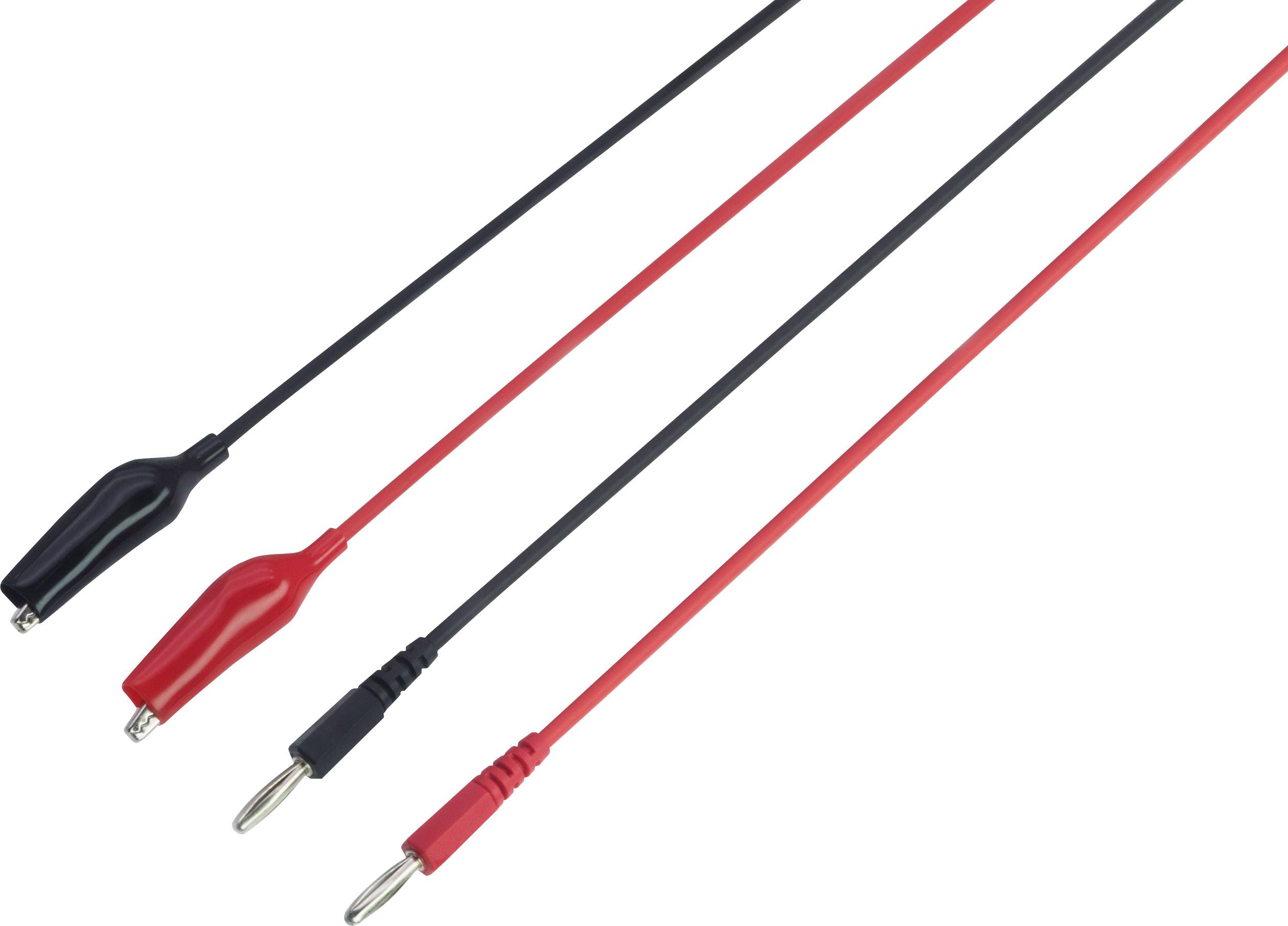 Černý a červený banánový kabel s krokosvorkami pro elektrické testování a propojování obvodů.