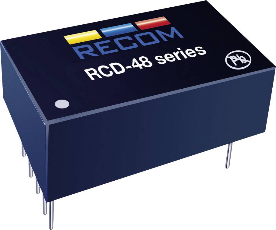 Elektronická součástka s nápisem 'RECOM RCD-48 series', černý obdélníkový tvar, několik kovových kolíků na spodní straně.