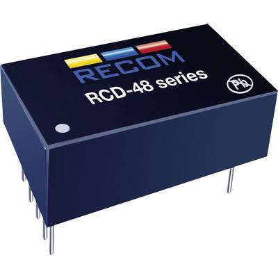 Elektronická součástka s nápisem 'RECOM RCD-48 series', černý obdélníkový tvar, několik kovových kolíků na spodní straně.