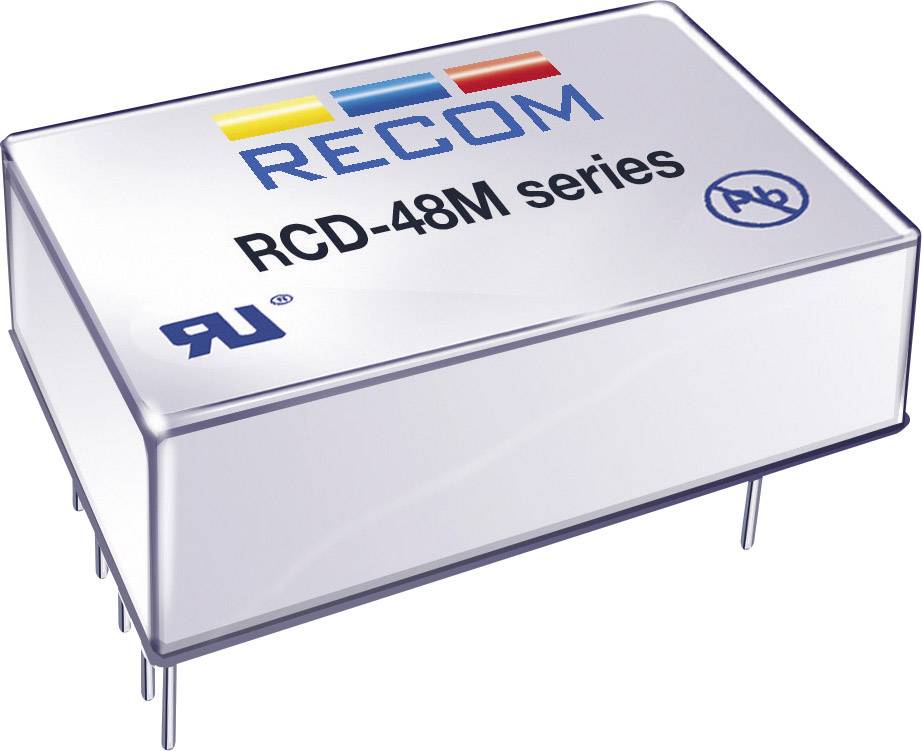 Stříbrná, obdélníková elektronická součástka s nápisem 'RECOM RCD-48M series'. Na povrchu se rovněž nachází menší loga.