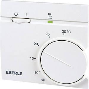 Bílý prostorový termostat značky Eberle s velkým otočným knoflíkem pro nastavení teploty a stupnicí od 10 do 30 stupňů Celsia.