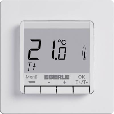 Digitální termostat s velkým displejem, zobrazuje 21° Celsia, tlačítka pro menu, logo 'Eberle', funkci OK a nastavení teploty.